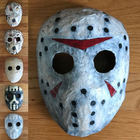 Horror Paper Mache, Mascara Papel Mache, Jason Voorhees Mask, Diy Halloween Masks, Creepy Masks, Paper Mache Mask, Paper Mache Projects, Mascaras Halloween, Jason Mask