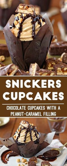 Snickers Cupcakes - amazing chocolate cupcakes with a peanut-caramel filling and fluffy peanut butter frosting! | From http://SugarHero.com Fluffy Peanut Butter Frosting, Snickers Cupcakes, Snicker Cupcakes, Caramel Desserts, Peanut Butter Frosting, Butter Frosting, Oreo Dessert, Desserts Recipes, Yummy Cupcakes