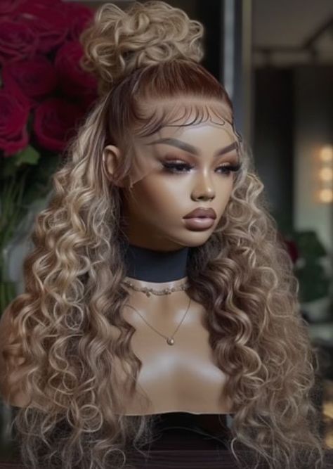 Highlighted Curly Wig Hairstyles, Wand Curls Blonde Wig, Different Frontal Hairstyles, Lace Ponytail Wig, Wig Hairstyles For Prom, Birthday Hair Braids, Sweet Sixteen Hairstyles, Blonde Wigs Black Women, Frontal Styles Ideas