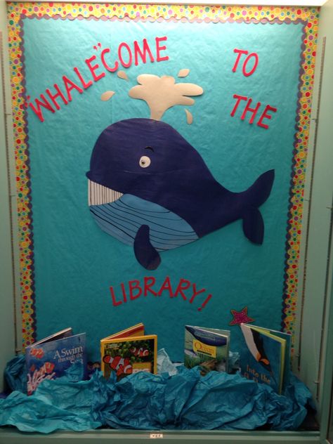 June Library Bulletin Board, Fall Library Displays, Library Pics, Elementary Crafts, Ocean Reading, Library Vibes, Rainforest Classroom, Book Bulletin Board, School Library Bulletin Boards