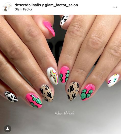 Fair Themed Nails, Western Rodeo Nails, Horse Nail Art Designs, Lainey Wilson Inspired Nails, Ghost Cowboy Nails, Fair Nail Art, Bright Western Nails, Neon Western Nails, Pink Country Nails