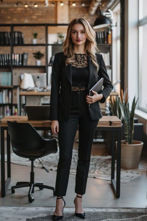 Business Casual Edgy Chic, Black Business Dress Outfit, Dress Like A Lady Outfits Classy, Edgy Business Outfits For Women, All Black Corporate Outfit, Emo Corporate Outfits, Black Elegant Outfit Classy Chic, Corporate Emo Outfits, Business Goth Work Outfits