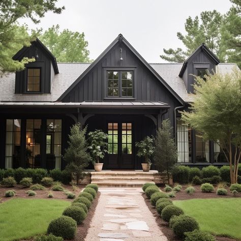 Black House Gray Roof, Black House Exterior One Story, Two Story House With Porch, Black House With Black Windows, One Story Cottage Exterior, Cozy Small House Exterior, Black Windows Farmhouse, Cozy Exterior House, Small Modern Farmhouse Exterior