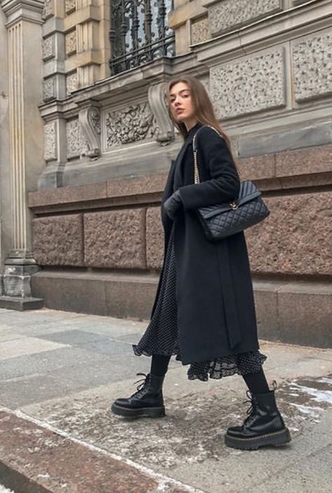 Dr Martens Outfit With Dress, Classy Dr Martens Outfit, Black Dress And Dr Martens Outfit, Black Martens Outfit, Black Layers Outfit, Dr Martens Black Outfit, Dr Martens Outfit Dress, Dr Martens Outfit Winter Dresses, Black Dr Martens Outfit