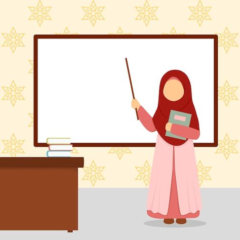 Muslimah Teacher Cartoon, Cartoon Classroom, Teacher Profile, Teacher Drawing, Animated Teacher, Muslim Teacher, Teacher Illustration, Banner School, Teachers Illustration