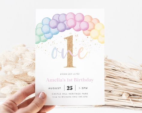 Pastel Rainbow Balloon Arch, Pastel Rainbow 1st Birthday, Rainbow 1st Birthday, Rainbow Balloon Arch, Invitation 1st Birthday, 1st Birthday Invite, Rainbow Birthday Invitations, 1st Birthday Girl, Fun Invitations