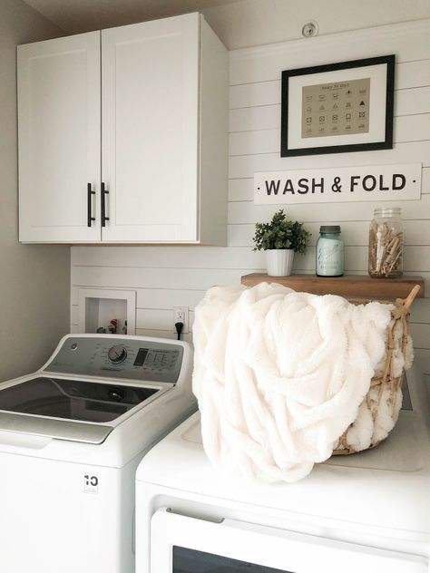 MODERN FARMHOUSE LAUNDRY ROOM REVEAL FEAT. SHIPLAP ACCENT WALL | A Classy Fashionista Shiplap Wall In Laundry Room, Agreeable Gray Laundry Room, Shiplap Laundry Room Ideas, Shiplap Laundry Room, Pretty Laundry Room, Modern Farmhouse Laundry, Shiplap Wall Ideas, Modern Farmhouse Laundry Room, Church Sanctuary