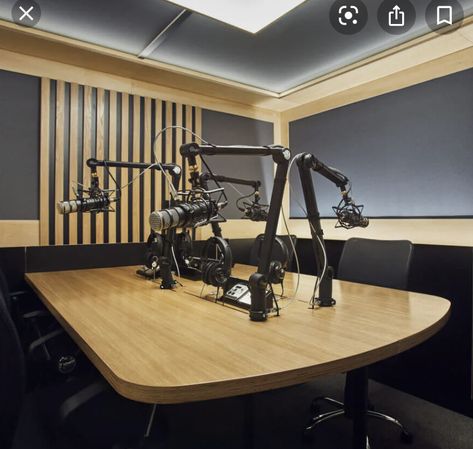 Small Podcast Studio Design Ideas, Masculine Podcast Studio, Podcast Table, Radio Studio Aesthetic, Radio Studio Design, Podcast Set Up Recording Studio, Radio Studio, Pod Cast, Podcast Studio Design Ideas