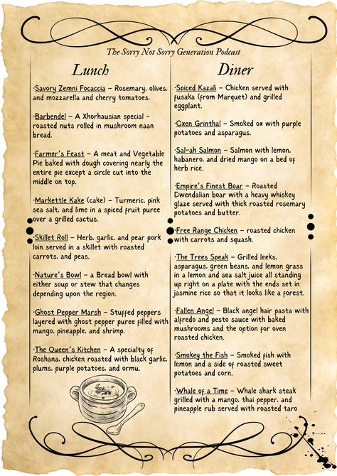 A menu inspired partly by dnd, critical role's Wildemount, and RPG games in general. Add this to your next campaign to add a little more fun to those inevitable tavern sessions Dnd Food Recipe, Watercolor Food Illustration, Game Cafe, Dnd Stories, Dungeon Master's Guide, Magic System, Dungeons And Dragons 5e, Watercolor Food, Fantasy Props