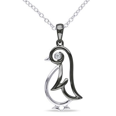 Diamond Accent Penguin Pendant in Two-Tone Sterling Silver Penguin Jewelry, Penguin Necklace, Diamond Eyes, Peoples Jewellers, Women Diamond, Diamond Fashion, Silver Diamonds, Style Board, Black Diamond