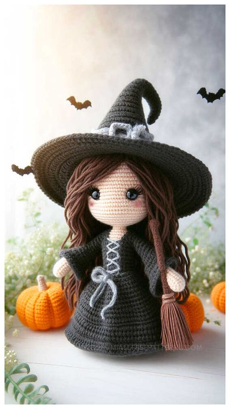 Amigurumi Witch Doll Crochet Free Pattern Crochet Hocus Pocus Dolls, Amigurumi Witch Free Pattern, Crochet Witch Doll, Crochet Witch Pattern Free, Gothic Amigurumi, Crochet Witch Pattern, Witch Crochet Pattern, Witchy Crochet, Witch Amigurumi