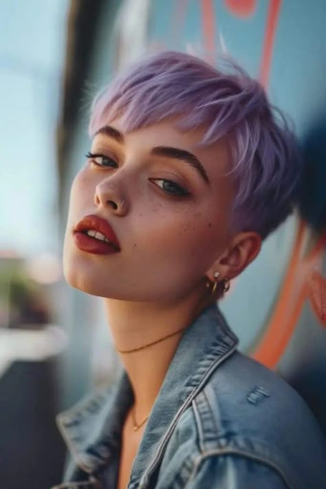 Lavender Hair Short, Hair Color For Pixie Haircut, Diy Pixie Cut, Purple Pixie Hair, Short Fade Haircut For Women, Fade Haircut For Women, Pastel Pixie Hair, Pink Pixie Cut, Purple Pixie Cut