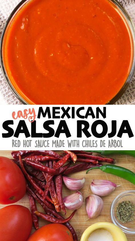 Authentic Mexican Salsa Roja, similar to the red hot sauce they serve at the Taco Shops! Easy to make, and ready in 20 minutes! Click for the full detailed recipe! #cleaneating #salsa #veganrecipes #mexicanfoodrecipes Red Sauce Tacos, Best Red Salsa Recipe, Authentic Mexican Taco Sauce, Mexican Red Hot Sauce, Red Sauce For Tacos, Authentic Mexican Red Salsa, Mexican Red Sauce For Tacos, Enchilada Salsa Roja, Taco Truck Red Sauce