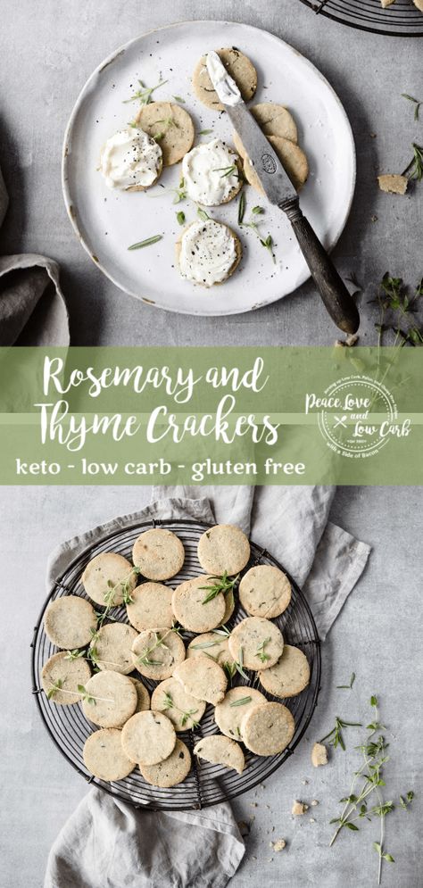 These Rosemary and Thyme Keto Crackers are the perfect savory and crunchy low carb snack. A great gluten free cracker for all sorts of dips, dressings, and sauces. Thm Crackers, Paleo Staples, Keto Cracker, Low Carb Crunchy Snacks, Keto Crackers Recipe, Dairy Free Keto Recipes, Keto Crackers, Savoury Treats, Peace Love And Low Carb