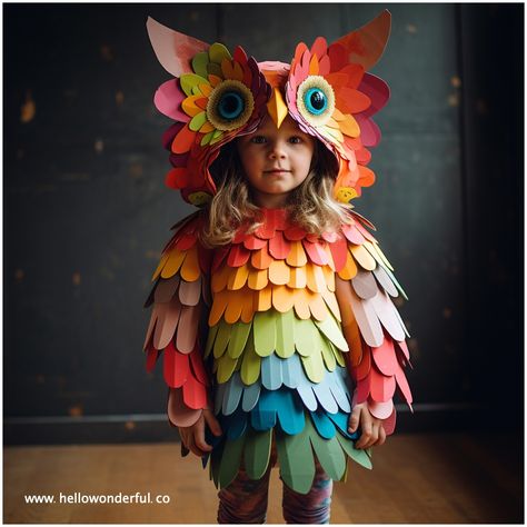 Rainbow Owl Costume. Kids Halloween costumes. DIY Owl costume Infant Owl Costume, Diy Woodland Animal Costume, Diy Safari Animal Costume, Diy Horse Tail Costume, Paper Costumes Diy, No Sew Owl Costume, Bird Fancy Dress Ideas For Kids, Halloween Costume Diy Ideas, Insect Family Costumes