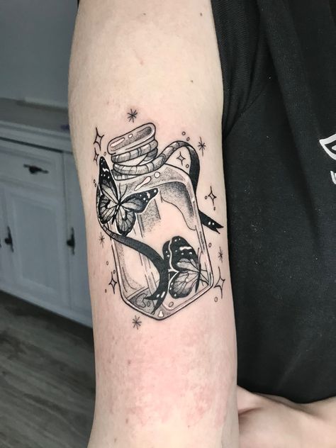 Snake In A Jar Tattoo, Butterfly In A Jar Tattoo, Potion Jar Tattoo, Jar Of Dirt Tattoo, Glass Butterfly Tattoo, Jar Tattoo Design, Mum Tattoos, Mason Jar Tattoo, Potion Tattoo