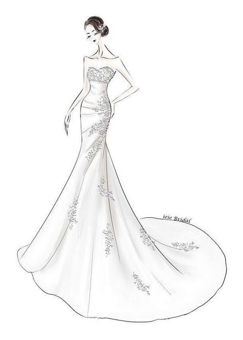 Ideas for filling your fashion art sketchbook with creative and original designs. Custom Wedding Dress Sketch, Wedding Dress Sketch, Wedding Dress Drawings, Wedding Dress Illustrations, Fashion Design Inspiration, Dress Sketch, Gown Drawing, Wedding Dress Sketches, Bridal Design