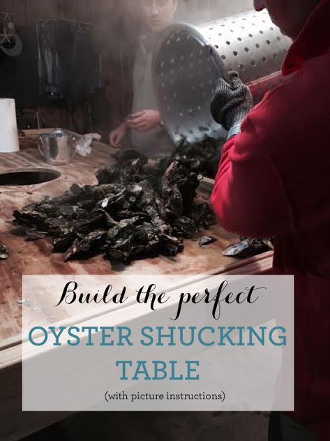 When it comes to building a table for shucking oysters, most people just put a piece of plywood over some saw horses and cut a hole in the middle. Well, we are not most people. Hunter and his dad built the table while I was driving from Georgia to SC, but luckily they took a lot of pictures as they built the table, so these are photo-based (and Kelley interpreted) instructions! Oyster Shucking Table Outdoor, Oyster Table Diy, Oyster Roast Party Ideas Table Settings, Oyster Roast Table, Oyster Shucking Table Diy, Oyster Roast Party, Oyster Table, Building A Table, Oyster Shucking