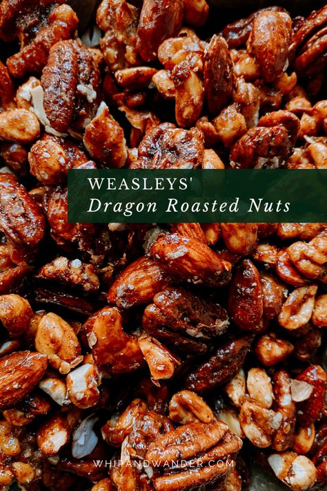 My version of Weasleys Dragon Roasted Nuts may not gain their heat from a real dragon, they contain a blend of spices that are both fiery and sweet. | whipandwander.com | #harrypotterrecipes #harrypotter #youmustbeaweasley #weasleyswizardwheezes #weasleysdragonroastednuts #roastednuts #dragonroastednuts #spicynuts #spicyandsweet Savory Holiday Treats Gift Ideas, Spiced Mixed Nuts Recipe, Roasted Nuts Sweet, Weasley Kitchen, Real Dragon, Party Mix Recipe, Spicy Nuts, Snack Mix Recipes, Nut Recipes