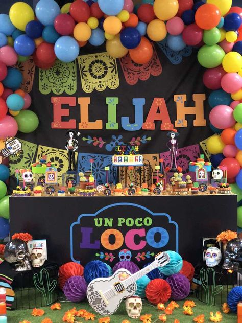 Elijah Es Un Poco Loco  | CatchMyParty.com Coco Birthday Party Ideas, Coco Birthday Party, Catrina Costume, Coco Birthday, Coco Party, Coco Disney, Mexican Birthday Parties, Disney Coco, Birthday Fiesta