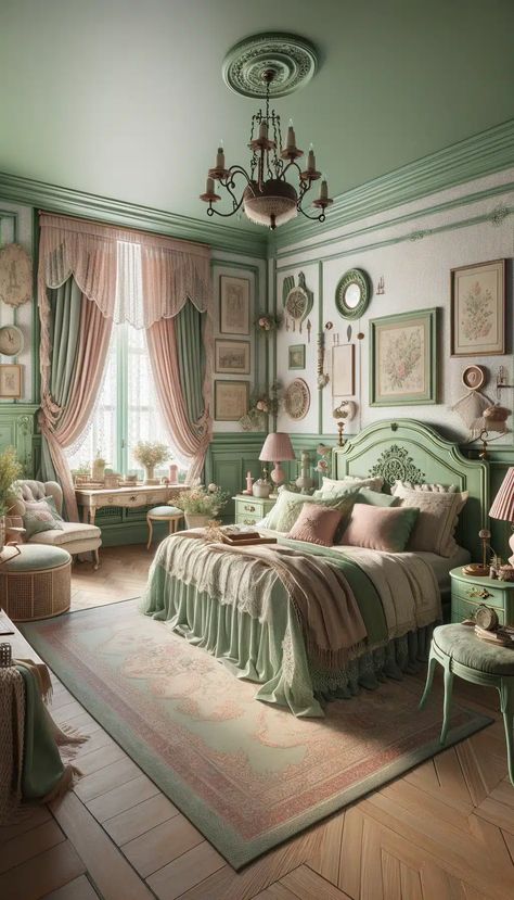 25 Beautiful Green and Pink Bedroom Ideas for a Unique Touch - Roomy Retreat Pink And Green Walls, Green Vintage Room, Green Bedroom Ideas Aesthetic, Green Victorian Bedroom, Vintage Green Bedroom, Gold And Green Room, Unique Room Ideas, Bridgerton Bedroom, Green Pink Bedroom