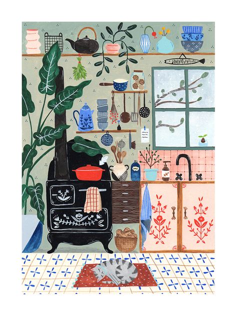 Flora Waycott, Winter Kitchen, Kitchen Drawing, Interior Illustration, Art And Illustration, Illustration Inspiration, Children's Book Illustration, Book Illustration, 그림 그리기