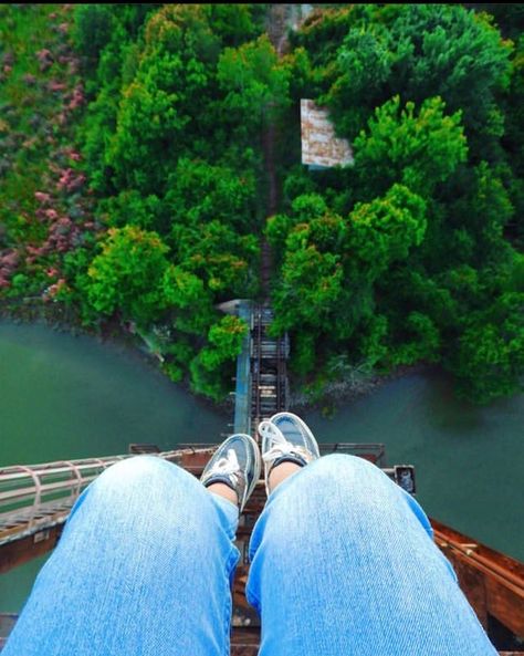 Photo from on top of an abandoned bridge Bridge Photography, Person Sitting, Strange Places, Ap Art, My Town, Boat Shoes, Bridge, Womens Shorts, Photography