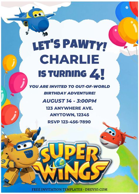 Download Now (Free Editable PDF) Cheerful Super Wings Birthday Invitation Templates           Every element in these templates is carefully crafted to bring a smile to your child's face. From the intricate depiction of Earth to the fluffy ... Super Wings Birthday Party Decorations, Super Wings Birthday Party, Super Wings, Bday Invitations, Free Printable Birthday Invitations, Birthday Party Printables, Free Invitation Templates, Printable Birthday Invitations, Boy Party