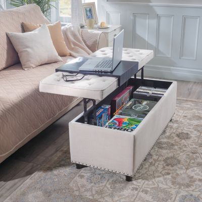 This lift-top multiple-use storage ottoman can be used as a coffee table, bench, extra seating, and lap desk. Store blankets, pillows, and games. The storage ottoman will look great in large and small spaces. Lift Top Ottoman Table, Lift Top Ottoman, Diy Storage Ottoman Coffee Table, Blanket Storage Living Room, Diy Ottoman Coffee Table, Diy Storage Ottoman, Coffee Table Small Space, Store Blankets, Storage Ottoman Coffee Table