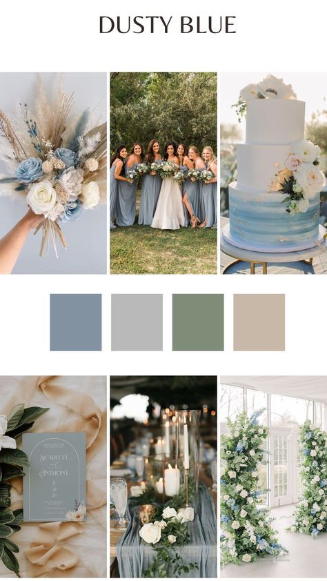 Chic white and navy wedding colors. Dusty Blue And Sage Green Wedding Colors, Dusty Blue And Khaki Wedding, Dusty Blue Wedding Colour Palettes, Sage Green Dusty Blue Beige Wedding, Boho Wedding Blue Color Palettes, Steel Blue Wedding Palette, Blue And Neutral Wedding Color Palettes, Dusty Blue Wedding Pallet Color Schemes, Summer Wedding Colors Navy Blue