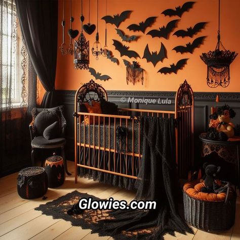 Halloween Theme Nursery, Gothic Nursery, Orange Nursery, Goth Room, Crib Nursery, Gothic Baby, Halloween Room, Inspiration Painting, Theme Nursery