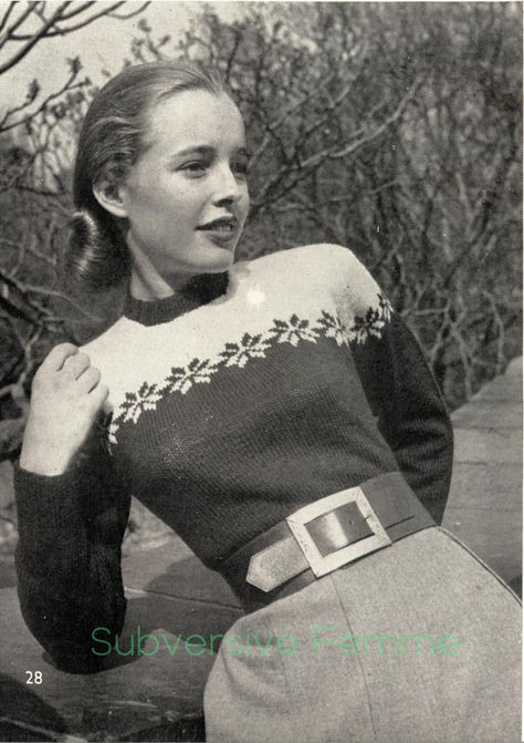 Curvy Month Pattern 2: Star Yoked Sweater, c. 1949 - Subversive Femme Vintage Sweater Pattern, Nice Belt, 1950s Sweater, 1940s Women, 50's Fashion, Ski Art, Historical Dress, Vintage Christmas Sweaters, Historic Fashion