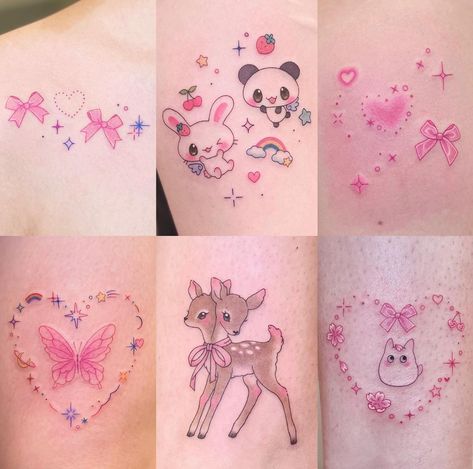 Kawaii Bunny Tattoo, Cheerful Tattoos, Creepy Cute Tattoo Ideas, Fluttershy Tattoo, Kawaii Tattoo Ideas, Pink Ink Tattoo, Pastel Tattoos, Kawaii Tattoos, Soft Tattoo