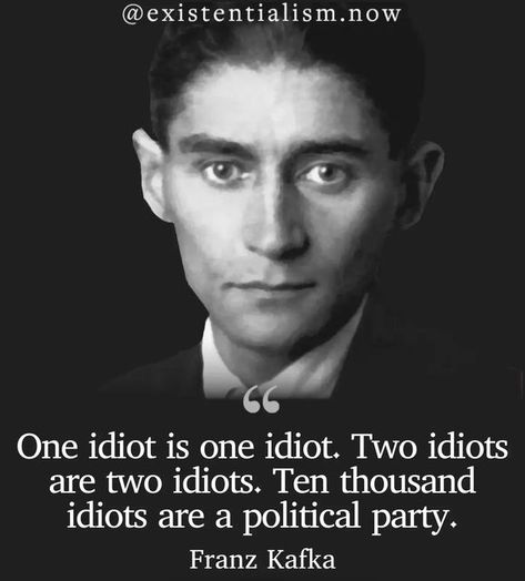 𝐏𝐡𝐢𝐥𝐨𝐬𝐨𝐩𝐡𝐲 & 𝐞𝐱𝐢𝐬𝐭𝐞𝐧𝐭𝐢𝐚𝐥𝐢𝐬𝐦 on Instagram: "Some insight fron Kafka "One idiot is one idiot. Two idiots are two idiots. Ten thousand idiots are a political party." -Franz Kafka #philosophy #existentialism #psychology #meaning #quote #wisdom #philosophyquotes #existential #freedom #think #thoughts #quotes #ideas #idea #knowledge #truth #wise #wisewords #thoughts #thoughtoftheday" Psychology Meaning, Existentialism Quotes, Kafka Quotes, Literature Humor, Full Quote, Quotes Ideas, Franz Kafka, Vie Motivation, Philosophy Quotes