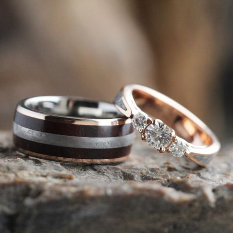 Meteorite Wedding Ring Set, Moissanite Engagement Ring With Petrified Wood Wedding Band-3552 | Jewelry By Johan Meteorite Wedding Ring, Meteorite Wedding Rings, Big Wedding Rings, Wood Wedding Ring, Cool Wedding Rings, Rings Mens Wedding Bands, Engagement Ring For Her, Beautiful Wedding Rings, Wood Wedding