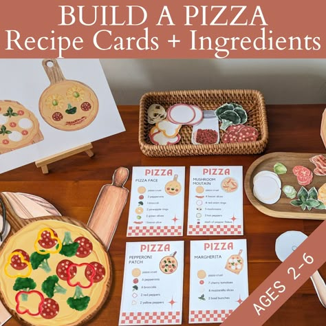 Introducing our printable Build a Pizza Visual Recipe Cards for Kids! These pizza pretend play cards are the perfect addition to your child's pretend play kitchen to use in your kids cooking activities.  This pizza activity includes 4 recipes cards and all of the pizza ingredients to cut out and build the 4 pizzas and more. Use them for creative, imaginative play. Or for a more structured sequencing activity, your child can follow the instructions on each recipe sequencing card to build importan Dramatic Play Recipe Cards, Kindergarten Cooking Activities, Pizza Day Activities For Kids, Pizza Activities For Preschool, Restaurant Kids Activities, Cooking Activities For Kids, Printable Pizza, Kids Cooking Activities, Recipes Cards