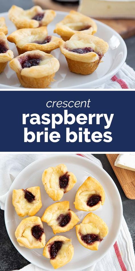 You only need three ingredients for these super easy Crescent Raspberry Brie Bites. The perfect party appetizer, you’ll have these on the table in no time at all. #appetizer #crescentrolls #raspberry #brie Raspberry Brie, Crescent Bake, Brie Bites, Recipes Appetizers And Snacks, Baked Brie, Party Appetizer, Finger Food Appetizers, Easy Appetizer Recipes, Game Day Food