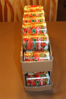 Home Food Storage: Make cardboard rolling shelves for larger cans (use soda dispenser boxes for small cans) Cardboard Box Storage, Diy Food Storage, Diy Storage Ideas, Food Storage Shelves, Rolling Shelves, Boxes Diy, Cardboard Storage, Canned Food Storage, Cardboard Box Crafts