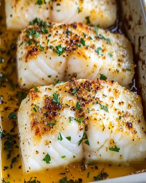 Baked Garlic Butter Cod – Easy and Delicious Recipe Baked Hake Recipes, Alaskan Cod Recipe, Cod Loin Recipes, Garlic Butter Cod, How To Cook Cod, Cod Fish Recipes Baked, Cod Fillet Recipes, Butter Cod, Oven Baked Cod