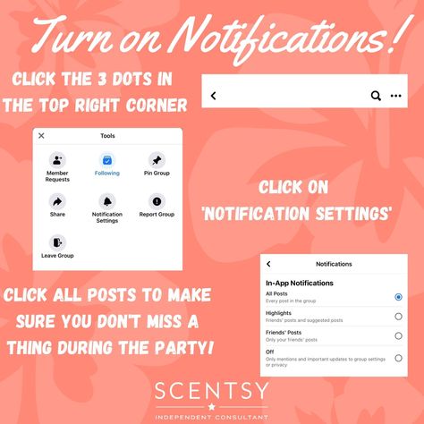 Show everyone in your online Scentsy party how to turn on the notifications for the Facebook page so they don't miss a beat! Scentsy Notifications On, Scentsy Party Introduction, Scentsy Turn On Notifications, Online Scentsy Party, Scentsy Party Games Facebook, Turn On Notifications Facebook Group, Scentsy Facebook Party Posts, Order Anytime During The Party Scentsy, Party Has Been Extended Scentsy