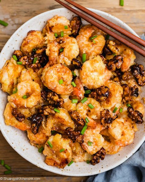 Air Fryer Walnut Shrimps are the best Panda Express copycat meal of your dreams. Not only is this better than take out, but it is also easy to make and home, and delicious. It is paleo and gluten free but has the crunchiest exterior and filled with flavor! Be sure to impress your guests with this meal. This recipe only requires simple ingredients you likely already have at home! #WalnutShrimp #AirfryerShrimp #AirfryerMeals #GlutenFree #DairyFree Panda Express Shrimp, Shrimp Air Fryer, Shrimp Batter, Panda Express Copycat, Honey Shrimp, Caramelized Walnuts, Walnut Sauce, Shrimp Cakes, Walnut Shrimp