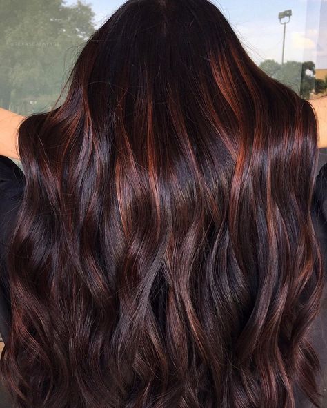 Mahogany Balayage, Curly Highlights, Mahogany Hair, Chocolate Brown Hair Color, Chocolate Hair, Dark Hair With Highlights, Red Highlights, Winter Hair Color, Balayage Brunette