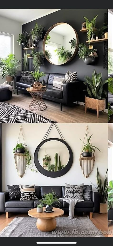 Plant Theme Living Room Decor, Black And Natural Living Room Ideas, Boho House Plant Decor, Black Boho Sofa, Black Decor With Plants, Wood On Black Wall, Black Lounge Wall, Industrial Decor With Plants, Black Natural Living Room