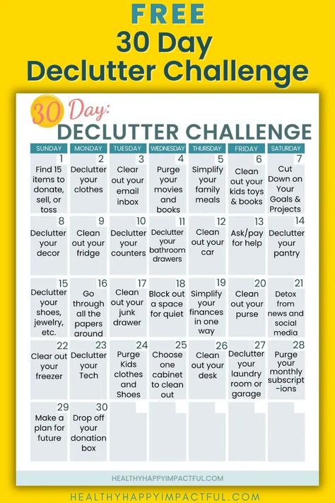 free pdf 30 day challenge to declutter your home and life pin Declutter Month Challenge, Declutter Challenge 30 Day, 30 Day Declutter Challenge, 30 Day Declutter, Pantry Drawers, Cleaning Schedule Printable, Declutter Home, Declutter Challenge, Schedule Printable