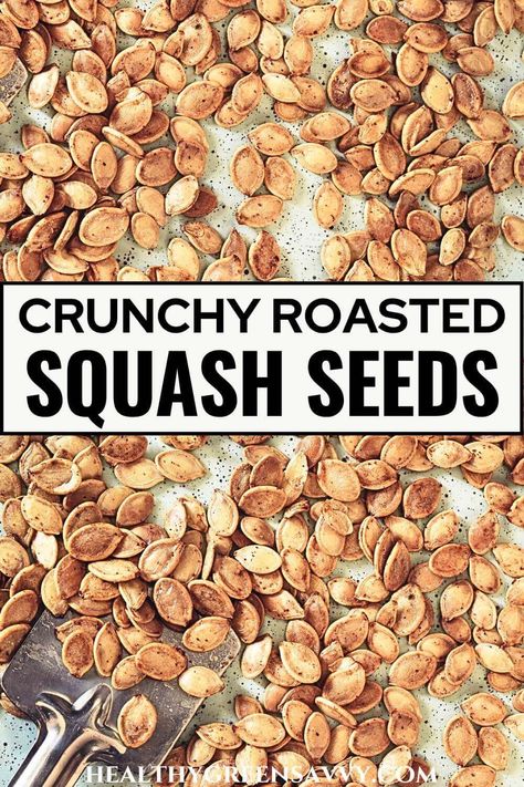 Did you know you can eat squash seeds? Tastier than pumpkin seeds, roasted squash seeds make a delicious and nutritious snack. Here's what to know about which squash varieties to choose and flavor variations to try. | seasonal eating | healthy snack ideas | roasted squash seeds recipe | root to stem eating | Pumpkin Seeds Roasted, Healthy Crunchy Snacks, Roasted Yellow Squash, Roasted Squash Seeds, How To Cook Squash, Zucchini Chips Recipe, Kale Chips Baked, Squash Varieties, Seasonal Eating