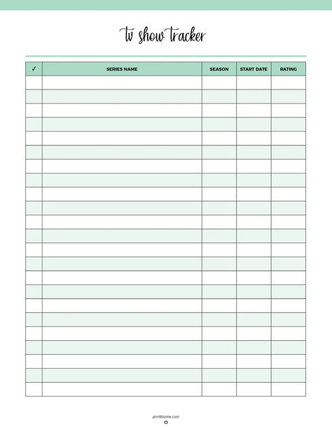 TV watchlist printable with columns for series name, season, start date, and rating, designed to track multiple TV shows and personal progress. Movies To Watch Template, Tv Series Tracker Printable Free, Tv Show Tracker Printable Free, Tv Show Tracker Bullet Journal, Tv Show Template, Movie List Template, Series Tracker Printable, Tv Tracker, Tv Show Tracker