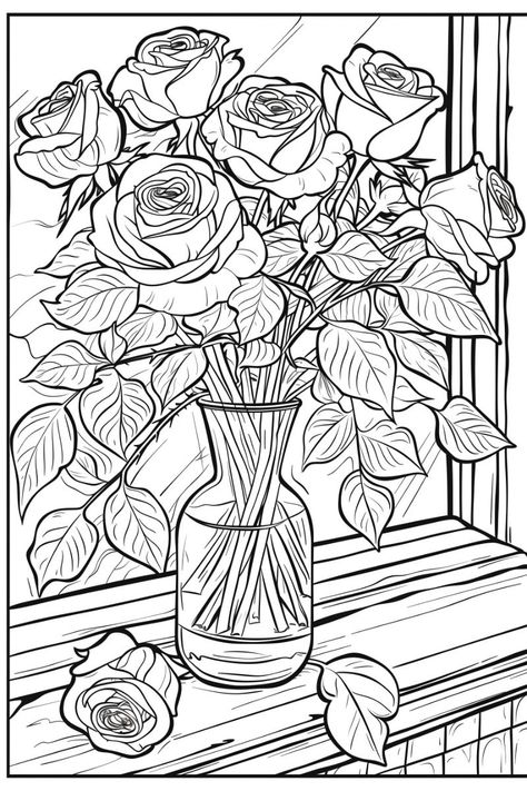 A vase of roses coloring pages (Free Printabl Plant Coloring Pages, Flower Colouring Pages, Free Printable Adult Coloring Pages, Vase Of Roses, Vinegar Cucumbers, Adult Colouring Printables, Abstract Coloring Pages, Color Drawing Art, Barbie Coloring Pages