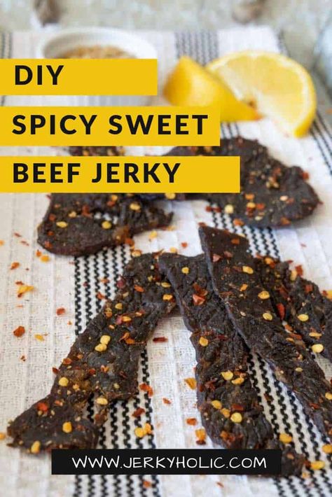 Beef Jerky Recipe Dehydrator Air Fryer, Sweet And Spicy Jerky Recipe, Spicy Jerky Recipe, Sweet And Spicy Beef Jerky Recipe, Air Fryer Beef Jerky, Jerky Seasoning Recipe, Spicy Beef Jerky Recipe, Jerky Marinade Recipes, Beef Jerky Recipe Dehydrator