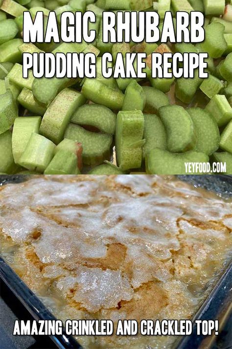 Magic Rhubarb Pudding Cake, Hash Brown Breakfast Cups, Rhubarb Pudding Cake, Breakfast Cups Recipe, Rhubarb Pudding, Pudding Cake Recipe, Hash Brown Breakfast, Rhubarb Desserts, Rhubarb Cake