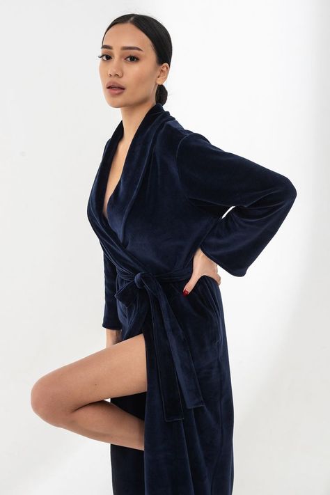 Velour long robe / Blue velour bathrobe / Cotton velour bathrobes Velvet Belt, Made In Ukraine, Home Wear, Womens Robes, Soft Velvet, Ukraine, Wrap Dress, Hand Made, Velvet